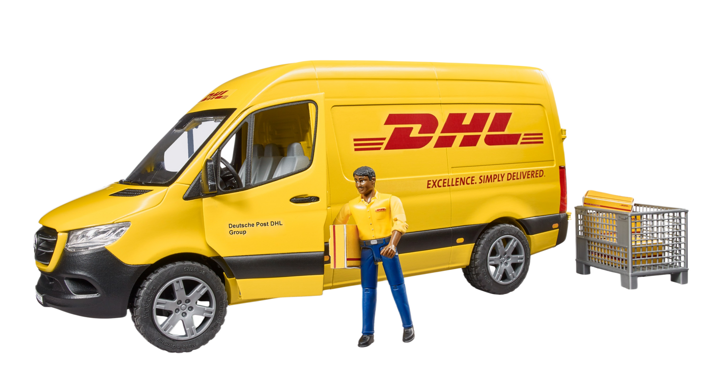 Yellow model DHL delivery van with driver figure and cargo container in Vehicles & Remote Controlled Toys collection