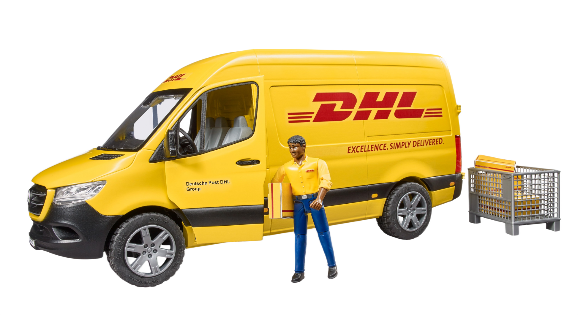 Yellow model DHL delivery van with driver figure and cargo container in Vehicles & Remote Controlled Toys collection