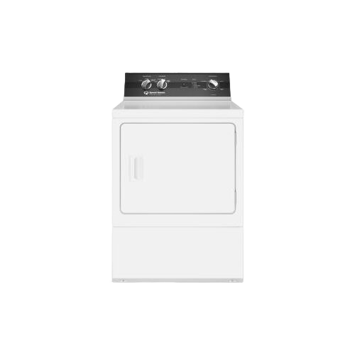 Front view of white gas dryer with black control panel and three knobs from dryers and appliances collection