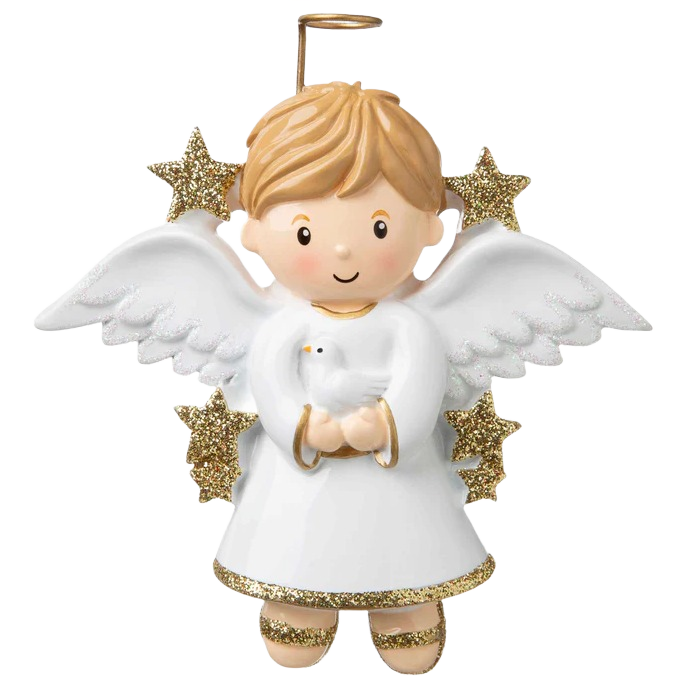 Blonde angel boy ornament holding a white dove with golden glitter stars, Christmas decoration under 50 dollars
