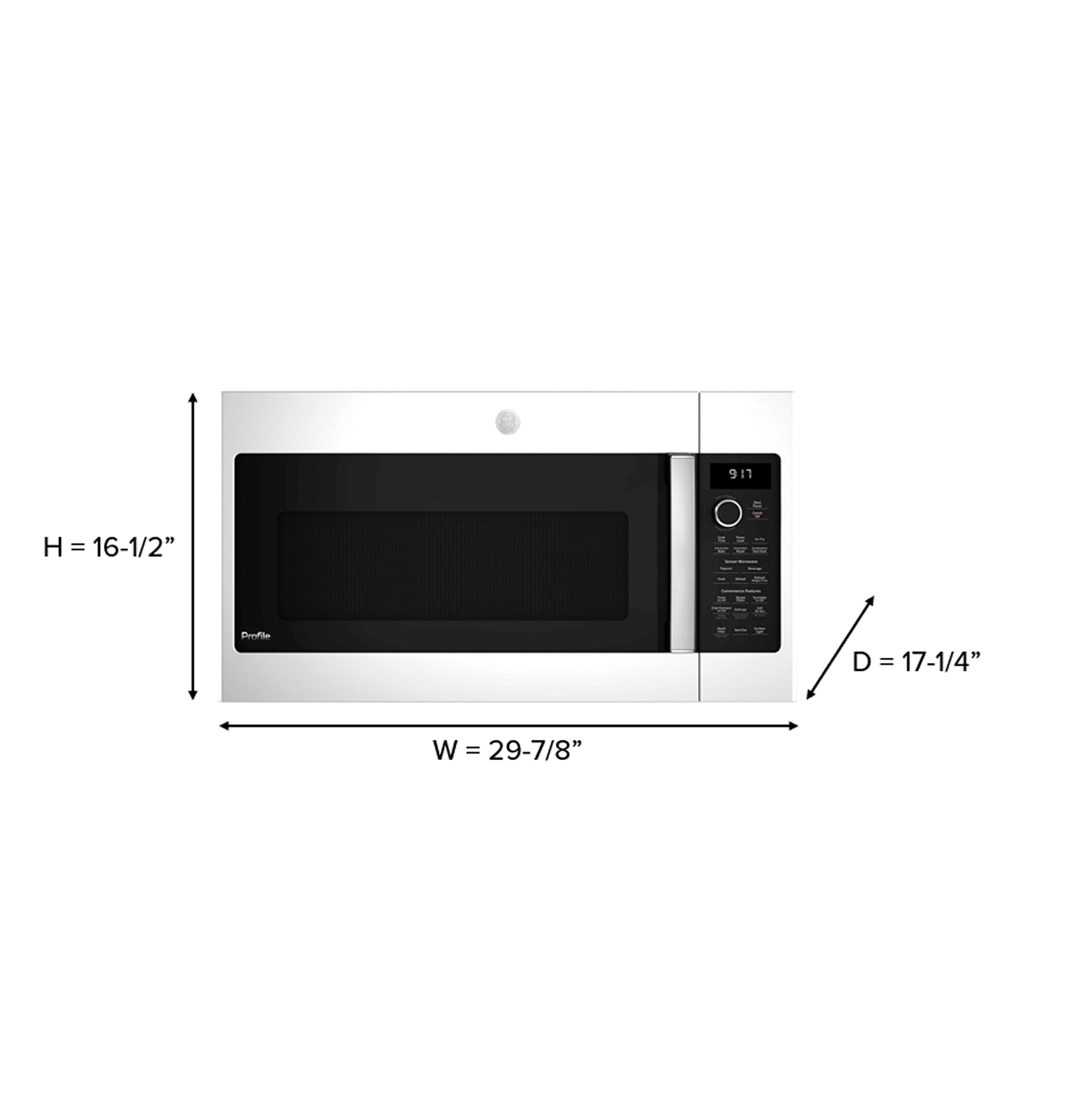 Stainless steel over-the-range microwave with digital control panel and dimensions for kitchen appliance installation