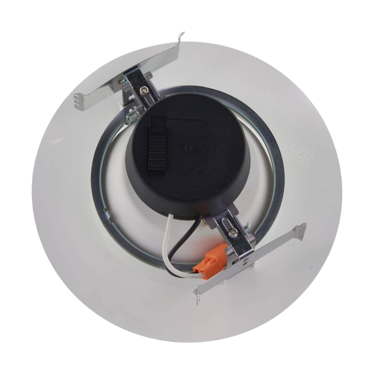 White recessed LED downlight housing with metal mounting brackets and electrical wiring connector for lighting installs