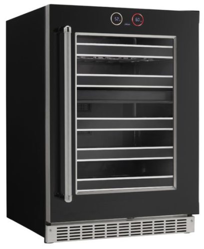 Under-counter black wine cellar with glass door, metal shelves, and digital temperature controls in kitchen appliances collection
