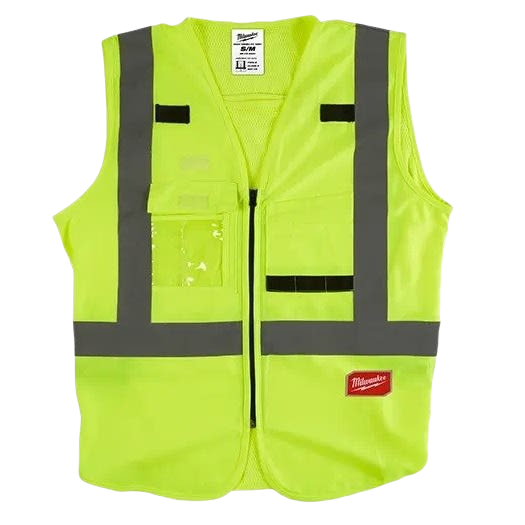 High visibility yellow vest with reflective stripes and multiple pockets for safety in tools and home improvement tasks