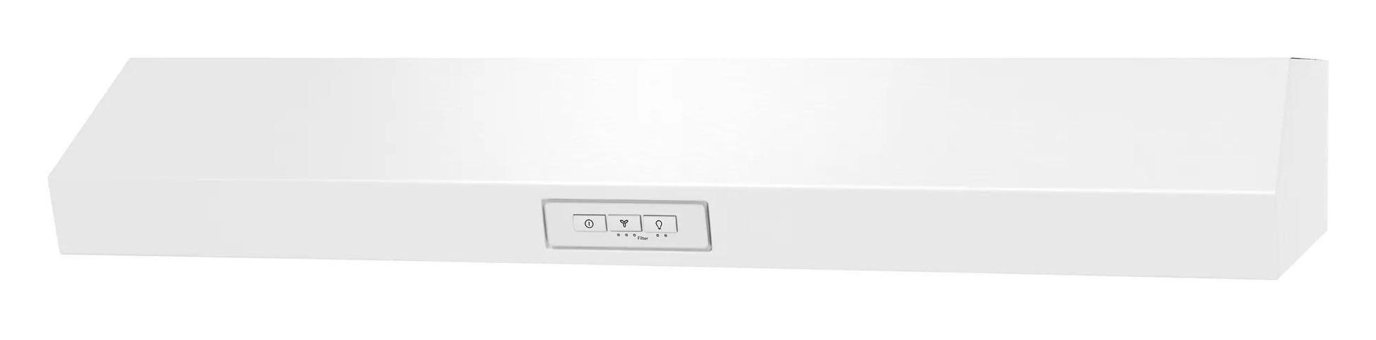 White undercabinet ventilation hood with control panel and LED lighting, part of kitchen and range hoods collection