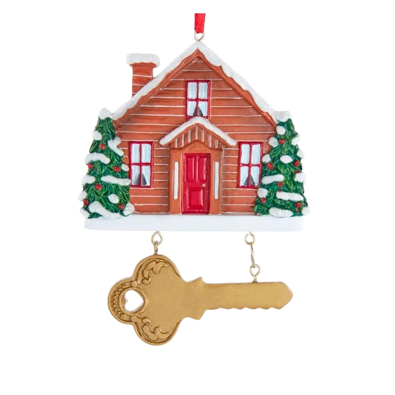 Christmas ornament featuring a brown house with red door and two snow-dusted holiday trees, under $50 collection