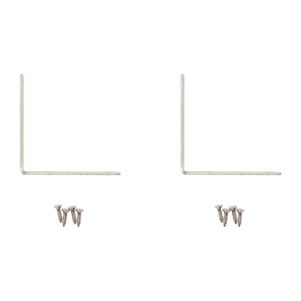 Two stainless steel corner braces with screws for reinforcing furniture in building hardware and lumber materials collection