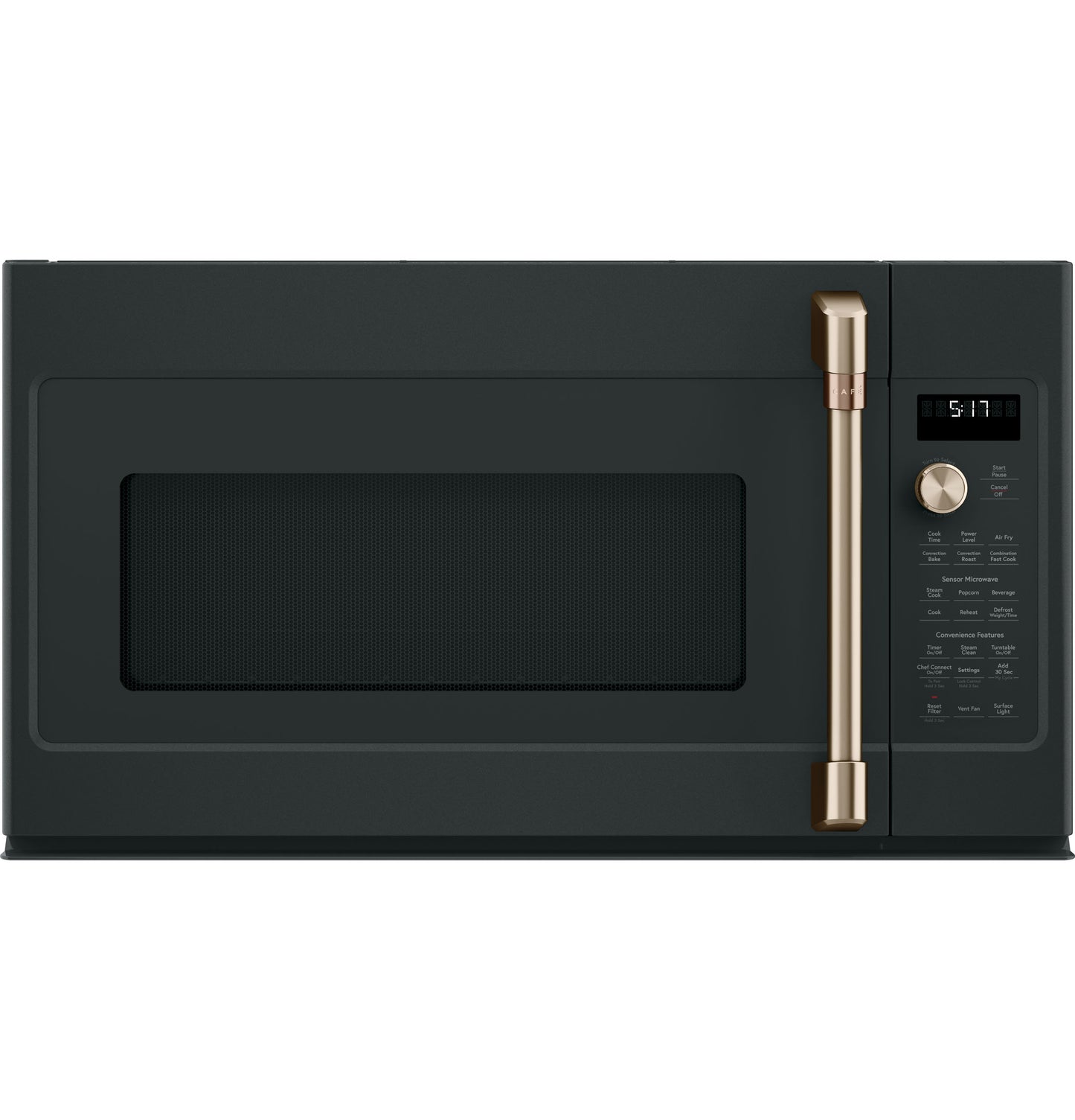 Over-the-range microwave in matte black with bronze handle, digital display, and control dial from kitchen appliances collection