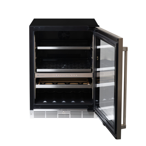 Under counter stainless steel wine and beverage centre with glass door open showing shelves in kitchen appliances collection