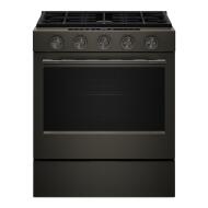 Front view of black KitchenAid slide-in gas range with five knobs and large oven window from Ranges collection