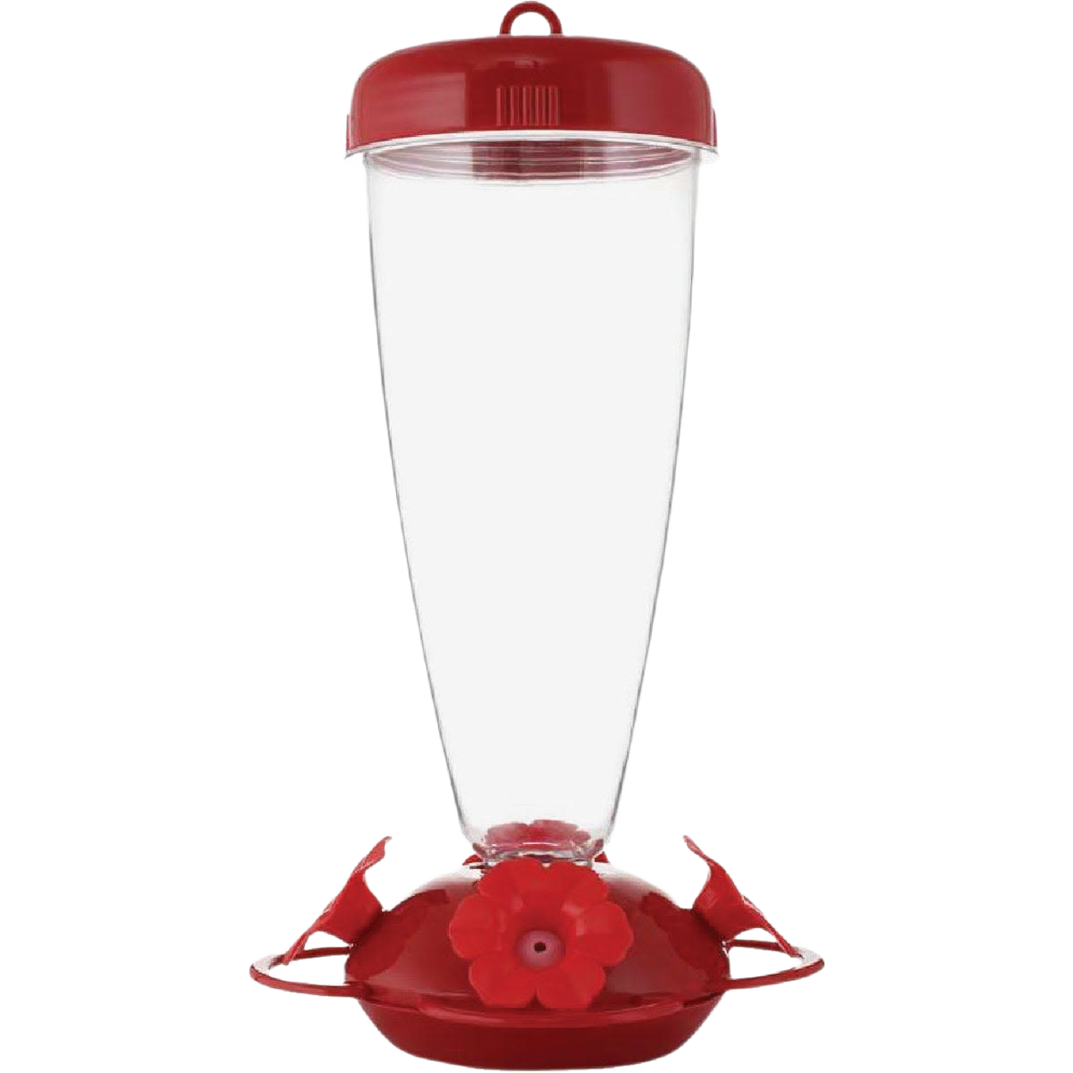 Red plastic top-fill hummingbird feeder with petunia-shaped feeding ports and 24 oz capacity container