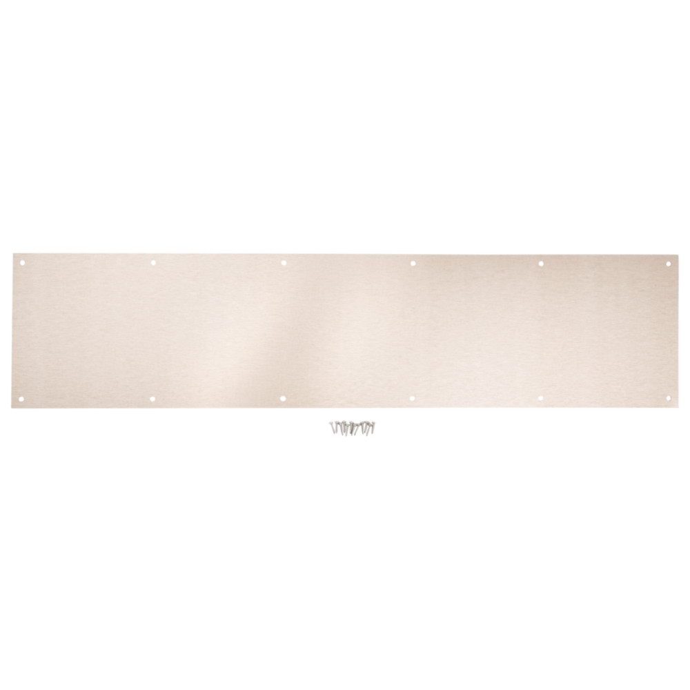 Satin nickel aluminum kickplate with pre-drilled holes for door protection in door accessories and hardware collections