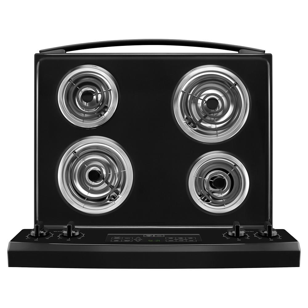 Black cooktop with four coil burners and digital control panel from Ranges & Kitchenware collections