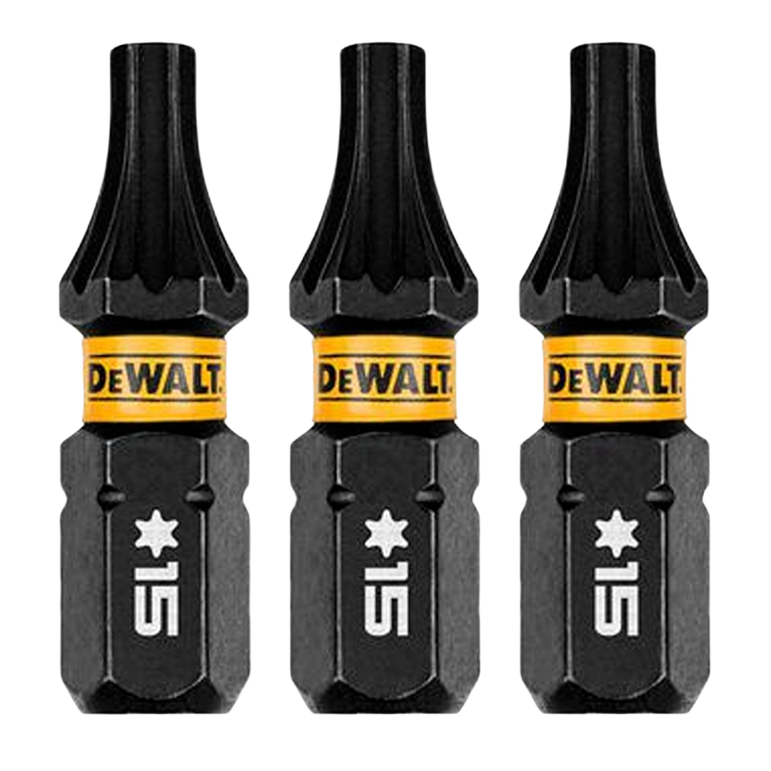 Set of three black T15 impact-rated drill bits with yellow DEWALT band for power tool accessories and home improvement collections