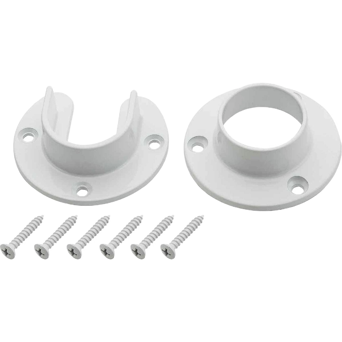 White zinc closet rod sockets with mounting screws for secure installation in home improvement projects