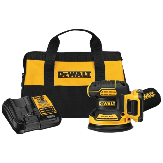Compact yellow and black cordless orbital sander with battery charger and branded carrying bag for home improvement tools