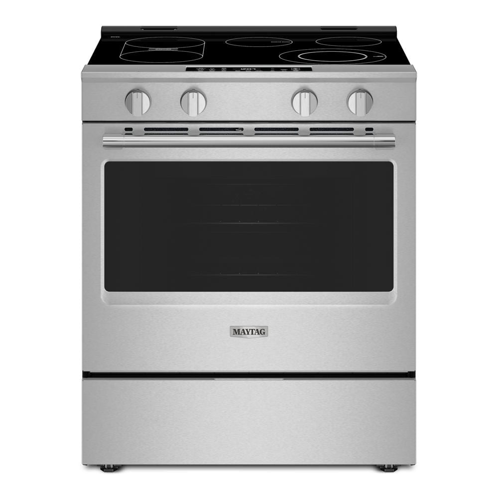 30-inch stainless steel slide-in electric range with smooth cooktop and control knobs in Ranges collection