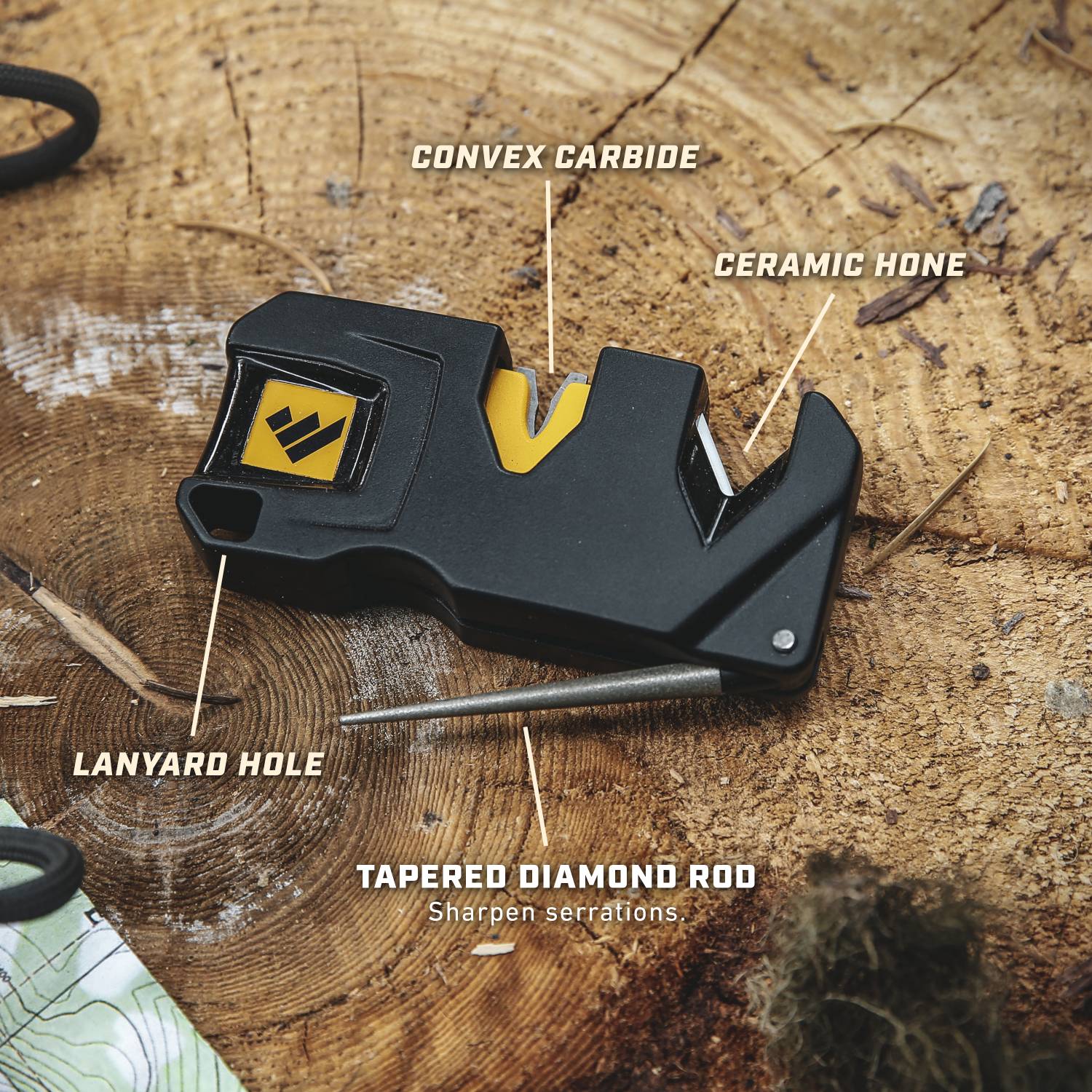 Black and yellow Work Sharp Pivot Plus sharpener with carbide, ceramic hone, and diamond rod for kitchen and woodworking tools