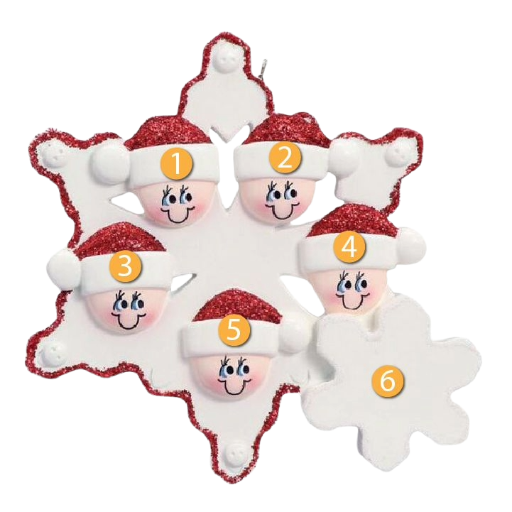 Personalized snowflake ornament featuring a family of five with red Santa hats for Christmas décor under 50 dollars
