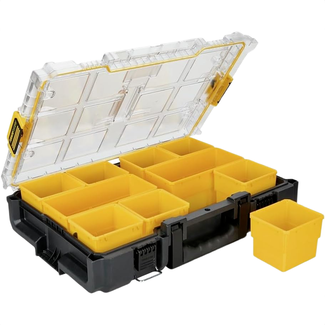 Black plastic tool organizer case with clear hinged lid and removable yellow compartments for home improvement storage