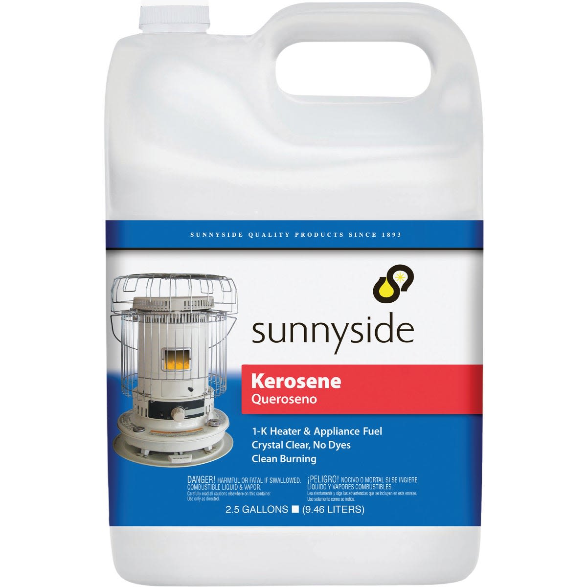 White plastic jug of Sunnyside kerosene fuel with blue and red label for indoor tools and home improvement under $50 collections