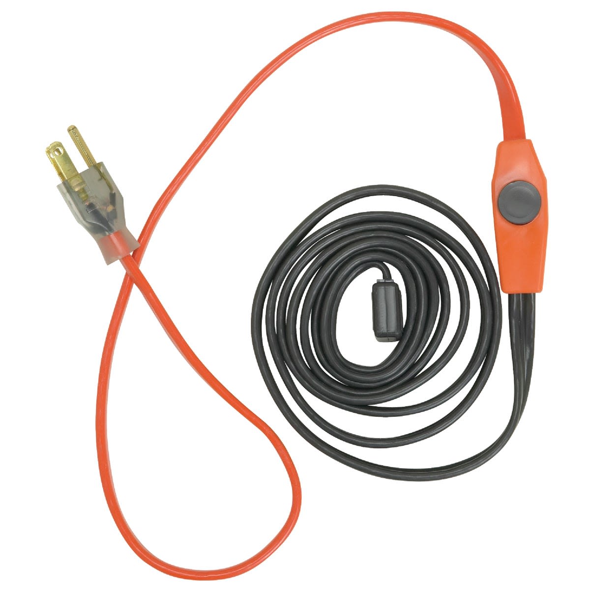 Coiled black pipe heating cable with orange power cord and control switch for plumbing and home improvement usage