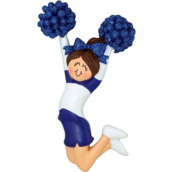 Brunette female cheerleader ornament in blue uniform with glittery pom-poms, festive Christmas tree decoration under 50 dollars