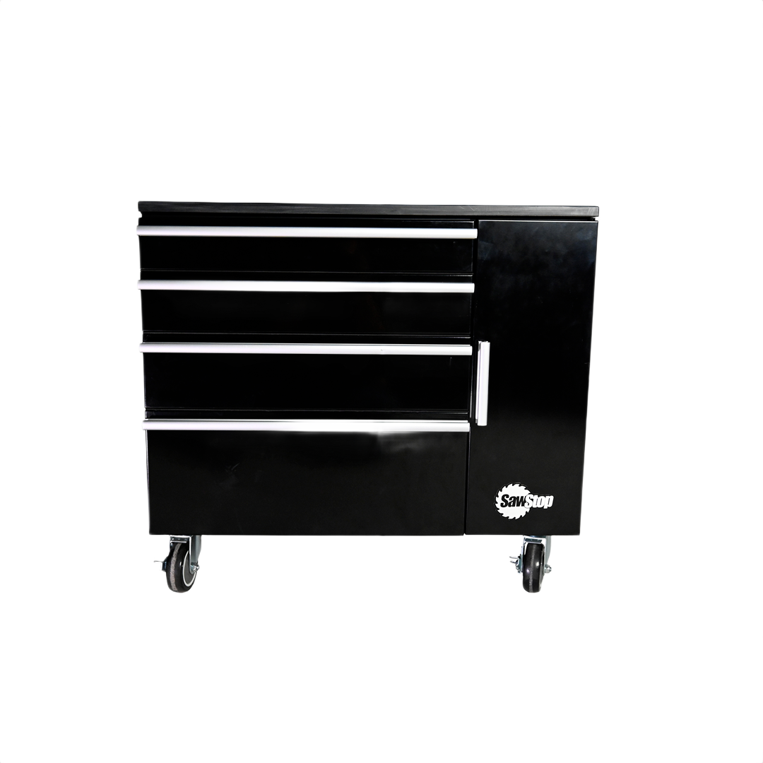 Black rolling tool cabinet with multiple drawers and side compartment for workshop organization and tool storage