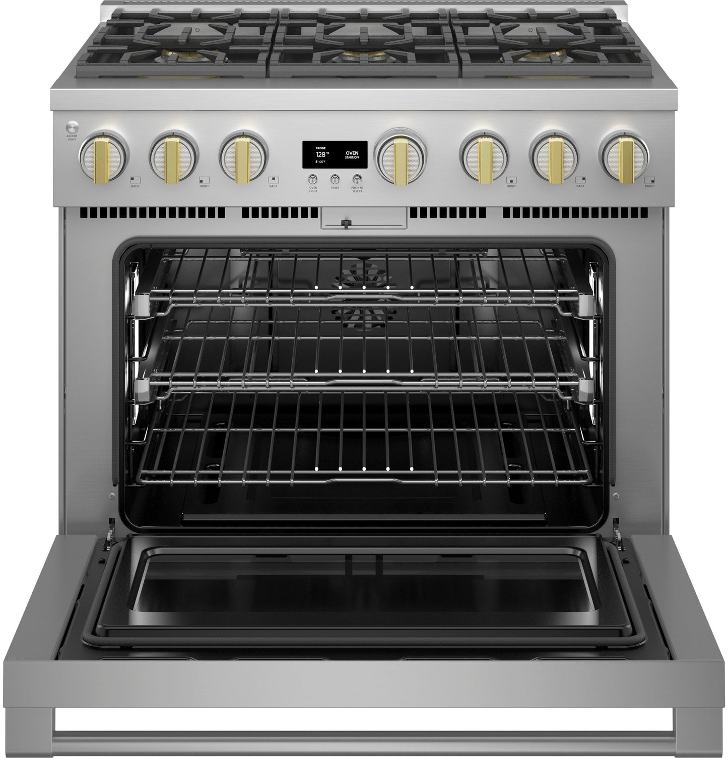 Stainless steel gas range with six brass burners and open oven showing multiple racks from kitchen appliances collection