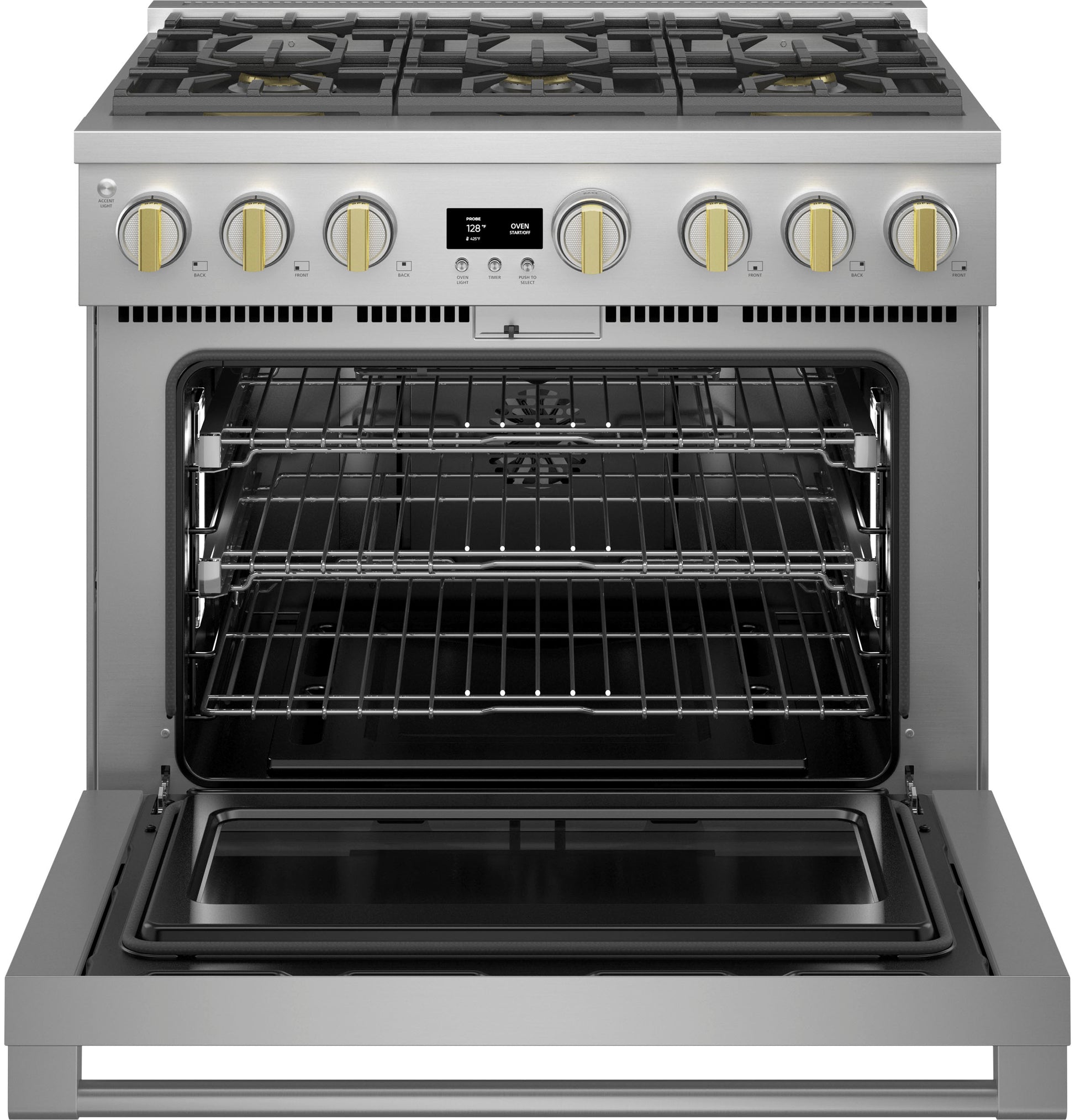 Stainless steel gas range with six brass burners and open oven showing multiple racks from kitchen appliances collection