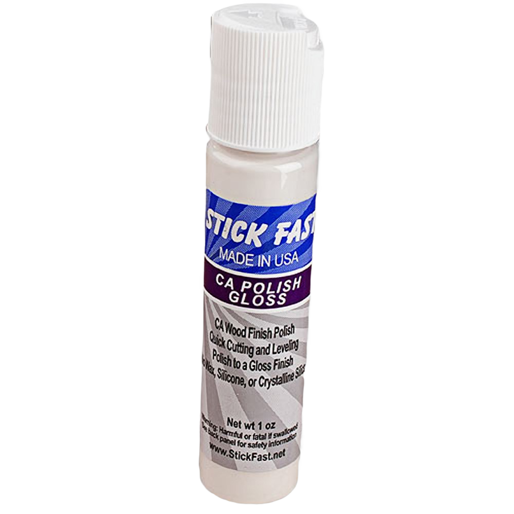 1 oz bottle of Stick Fast CA gloss wood polish with labeled blue and purple branding for tools and home improvement