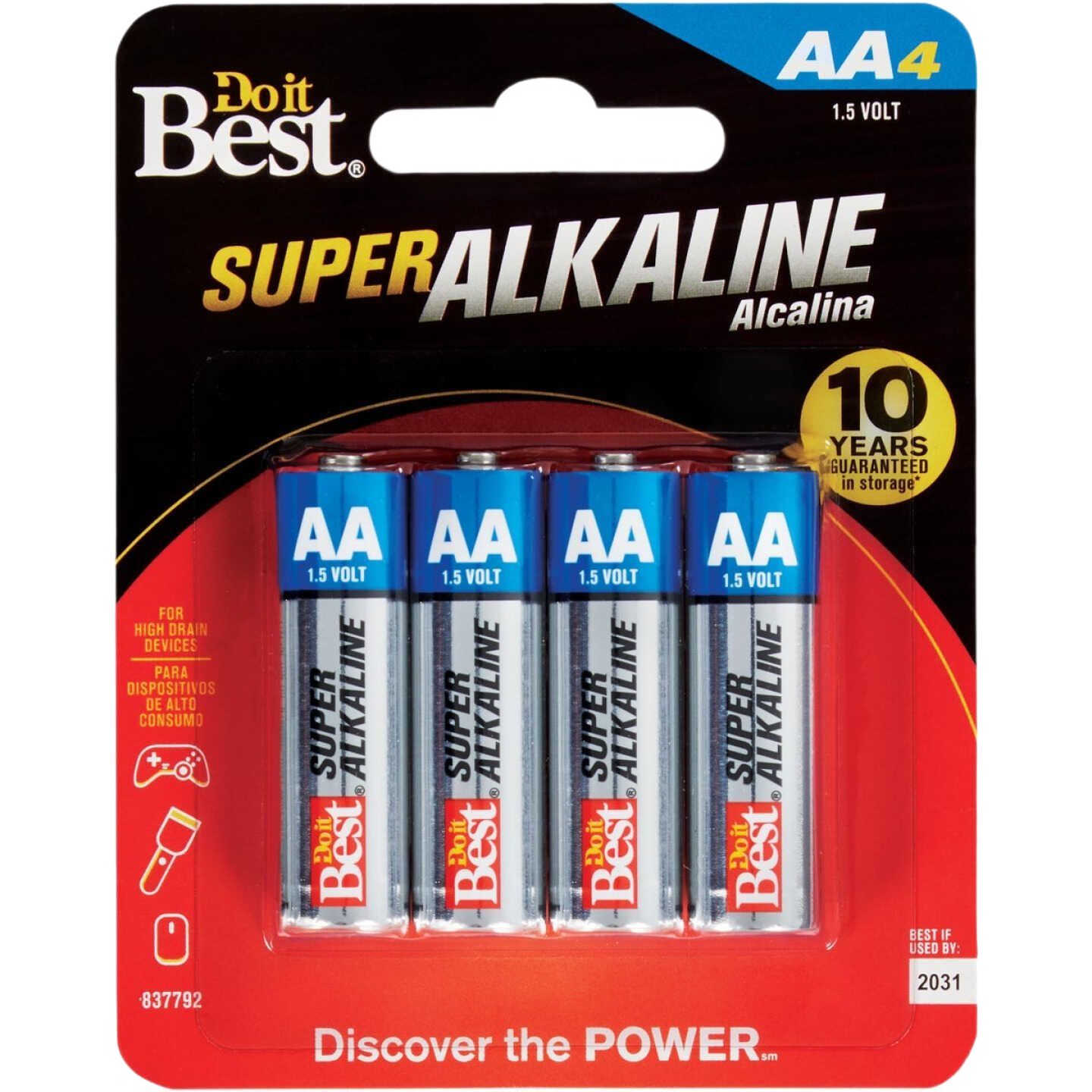 Pack of four AA alkaline batteries in blue and silver packaging for tools and home improvement devices