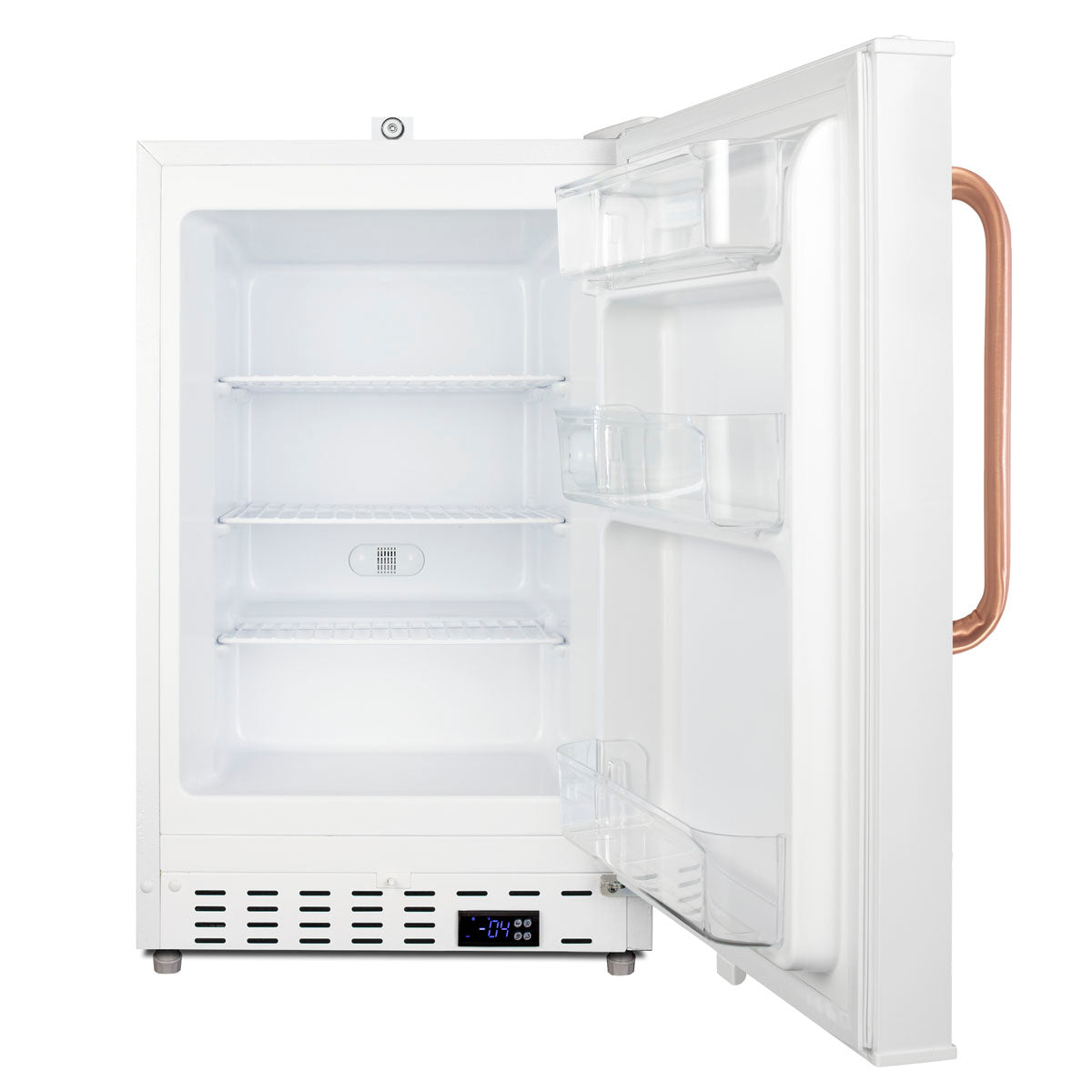 Open white built-in all-freezer with wire shelves, door storage bins, and digital temperature control in Freezers collection.