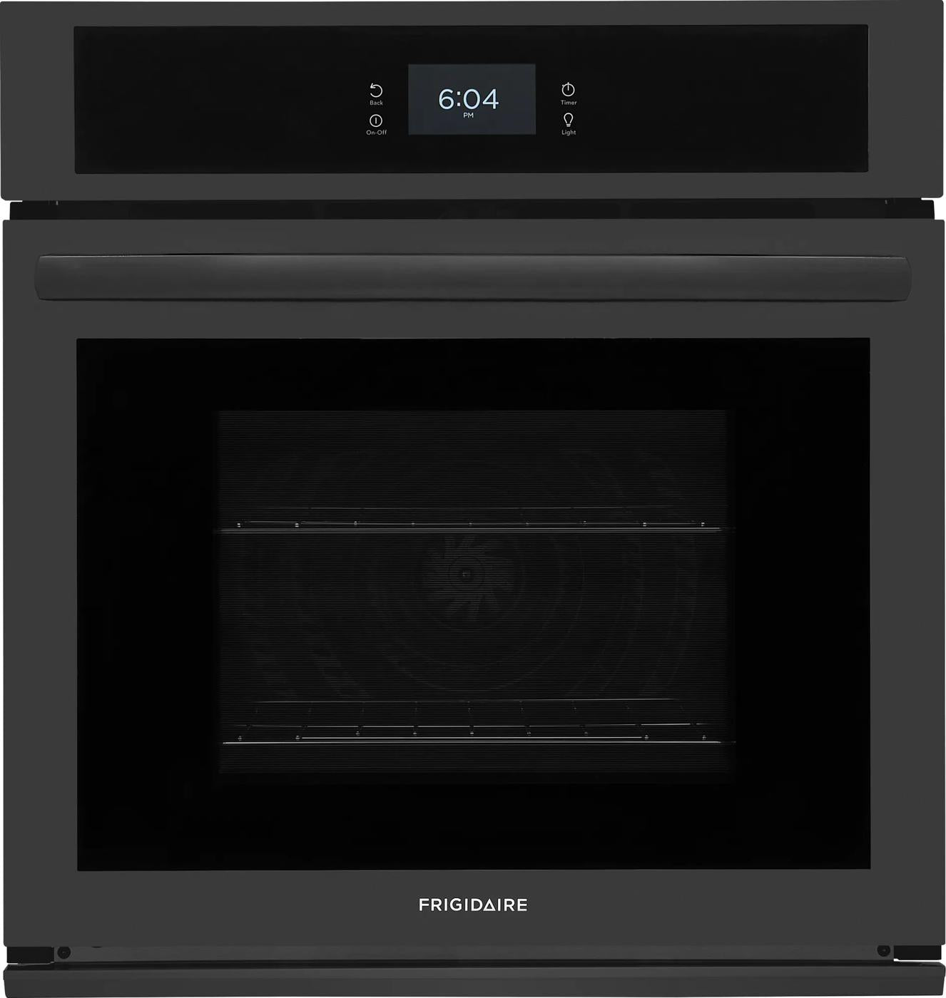 Black electric wall oven with fan convection, touchscreen controls, and glass window in kitchen appliances collection
