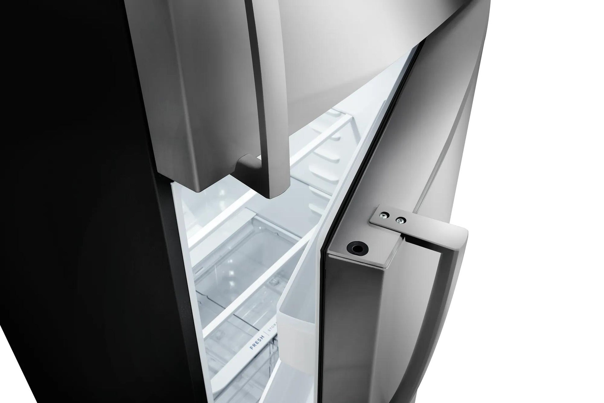 Partially open stainless steel top freezer refrigerator showing adjustable clear shelves in appliances collection