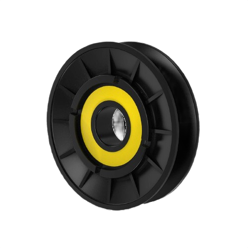Black durable pulley wheel with yellow bearing for efficient mechanical power transmission and home improvement projects