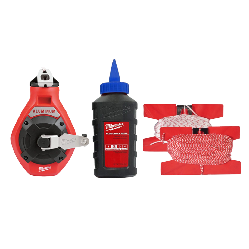 Aluminum chalk reel, blue chalk refill bottle, and red chalk line strings for measuring and woodworking tools