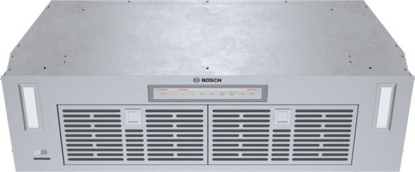 Stainless steel 300 Series kitchen insert vent with Bosch logo and control panel for range hood appliances collection