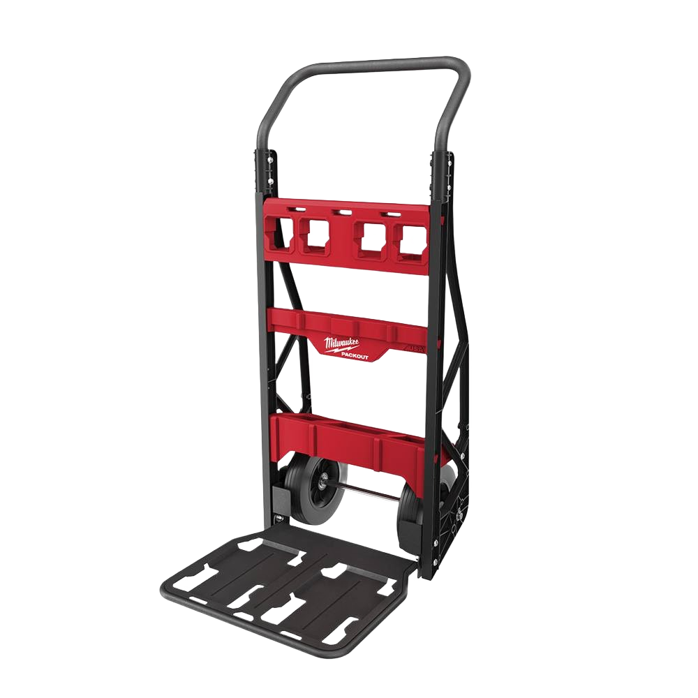 Compact red and black two-wheel cart with flat-free wheels for interlocking tool storage and workshop organization