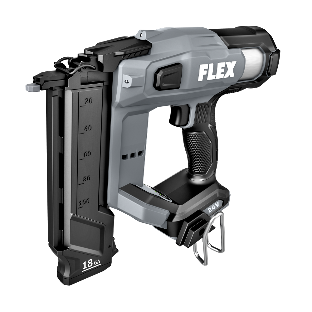 Cordless 24V brushless 18 gauge brad nailer in gray and black, designed for finishing tasks in Power Tools and Nailers at Hartville Hardware.