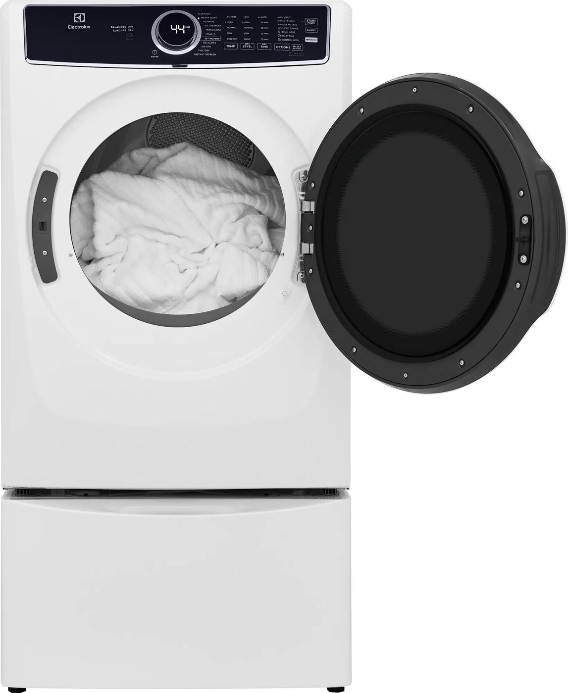 White front load electric dryer with open black door and visible white blanket inside from Dryers collection