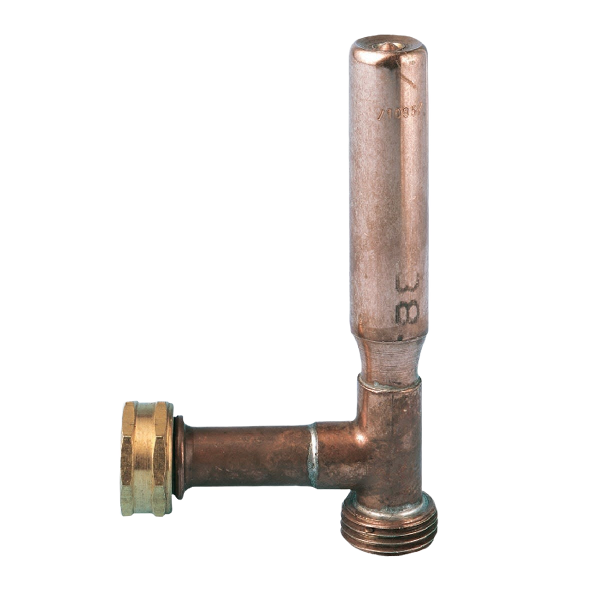 Copper plumbing valve component with brass fitting, used for home improvement and plumbing tools and valves.