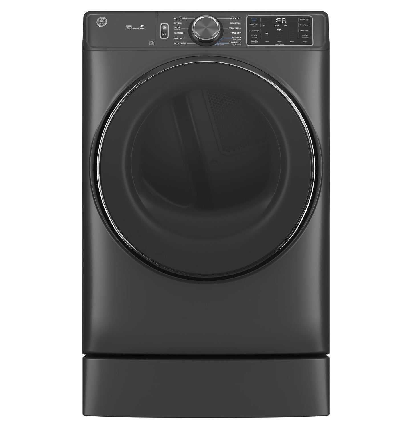 Black front load dryer with digital controls and large tinted door on a riser base in appliance parts and accessories collection