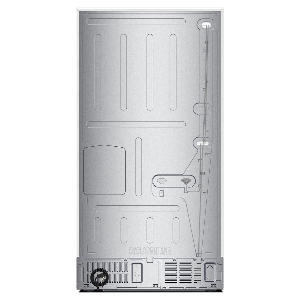 Back view of a Whirlpool stainless steel refrigerator showing ventilation and utility connections in appliances collection