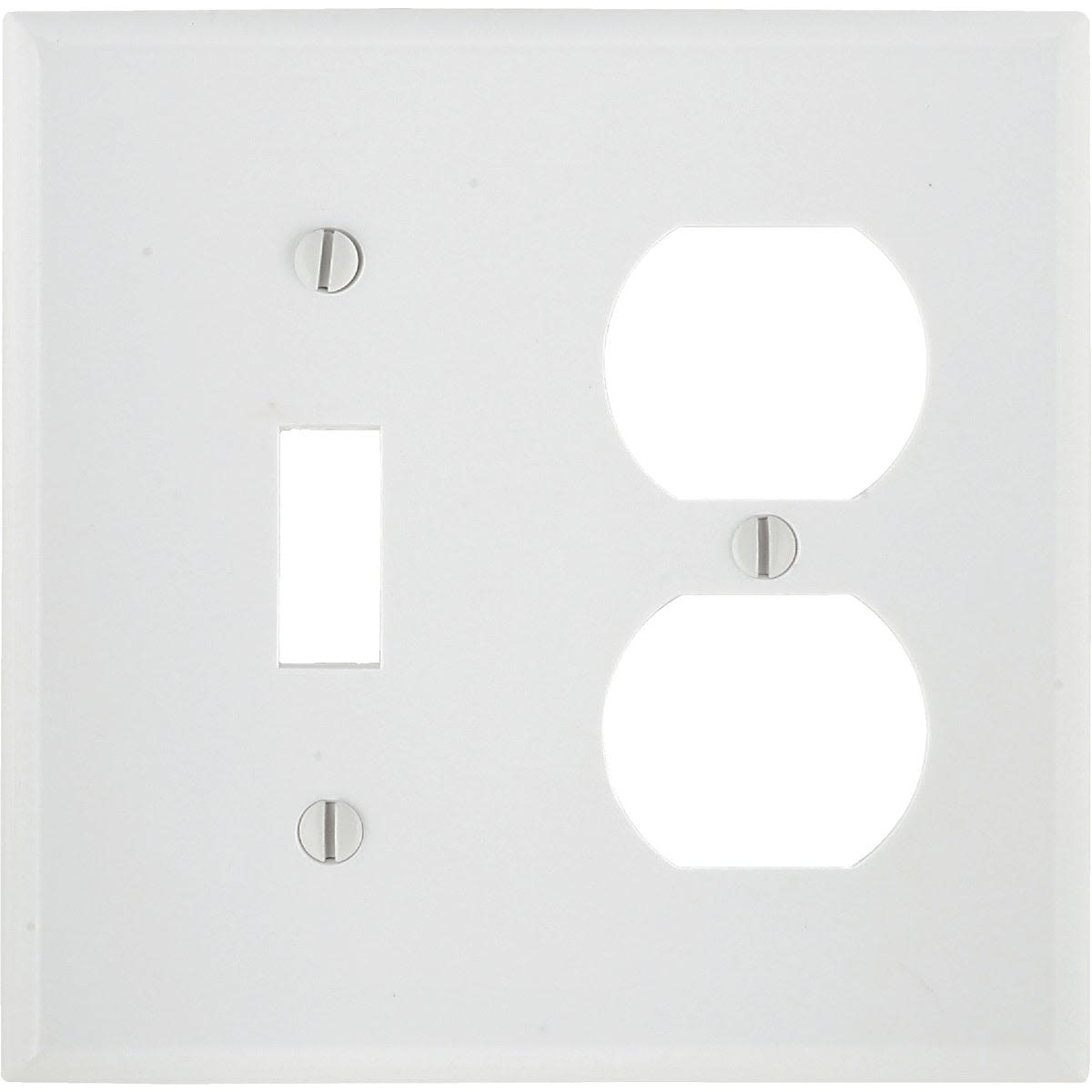 White plastic electrical wall plate with single toggle switch and duplex outlet openings for home improvement projects
