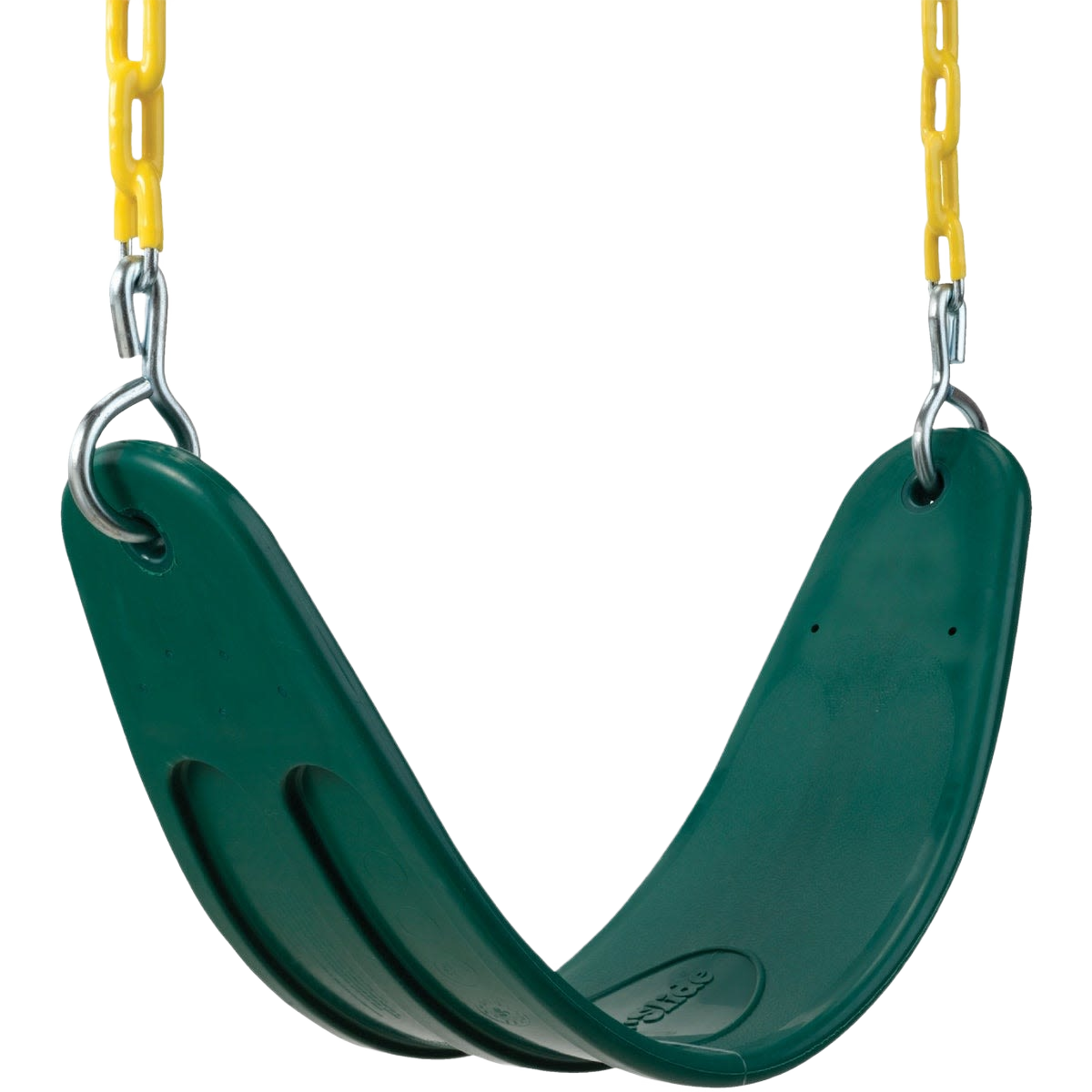 Heavy-duty green belted seat swing with steel chain reinforced plastic and yellow ouchless chains for outdoor living.