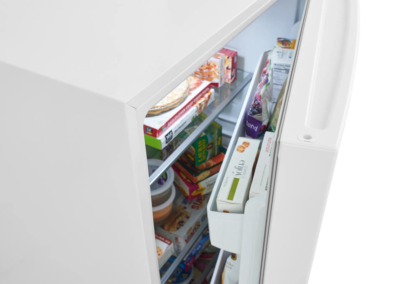 Partially open white upright freezer showing organized interior shelves and door storage from freezers collection
