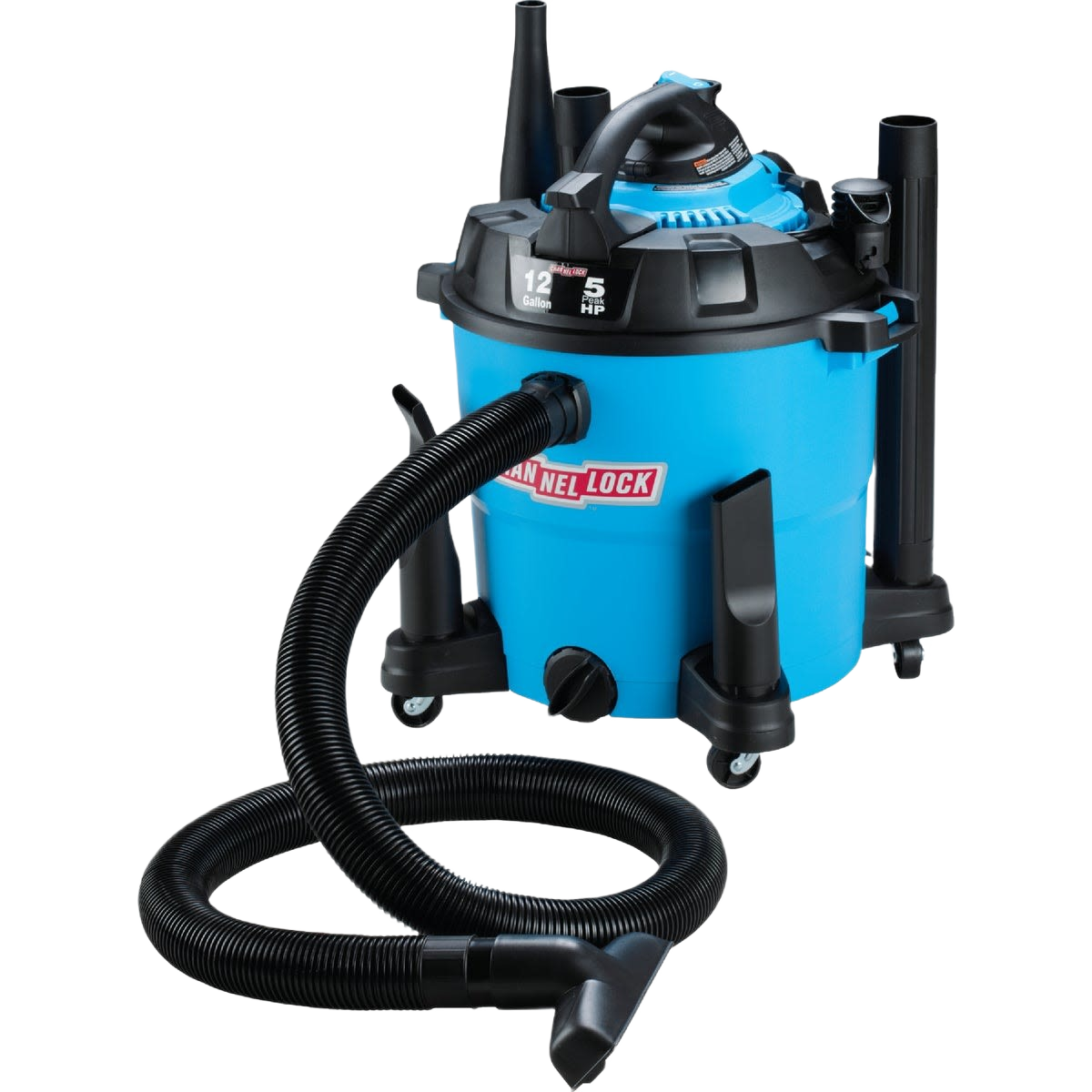 Blue wet and dry vacuum with detachable blower, flexible hose, black accents, and caster wheels for home improvement use
