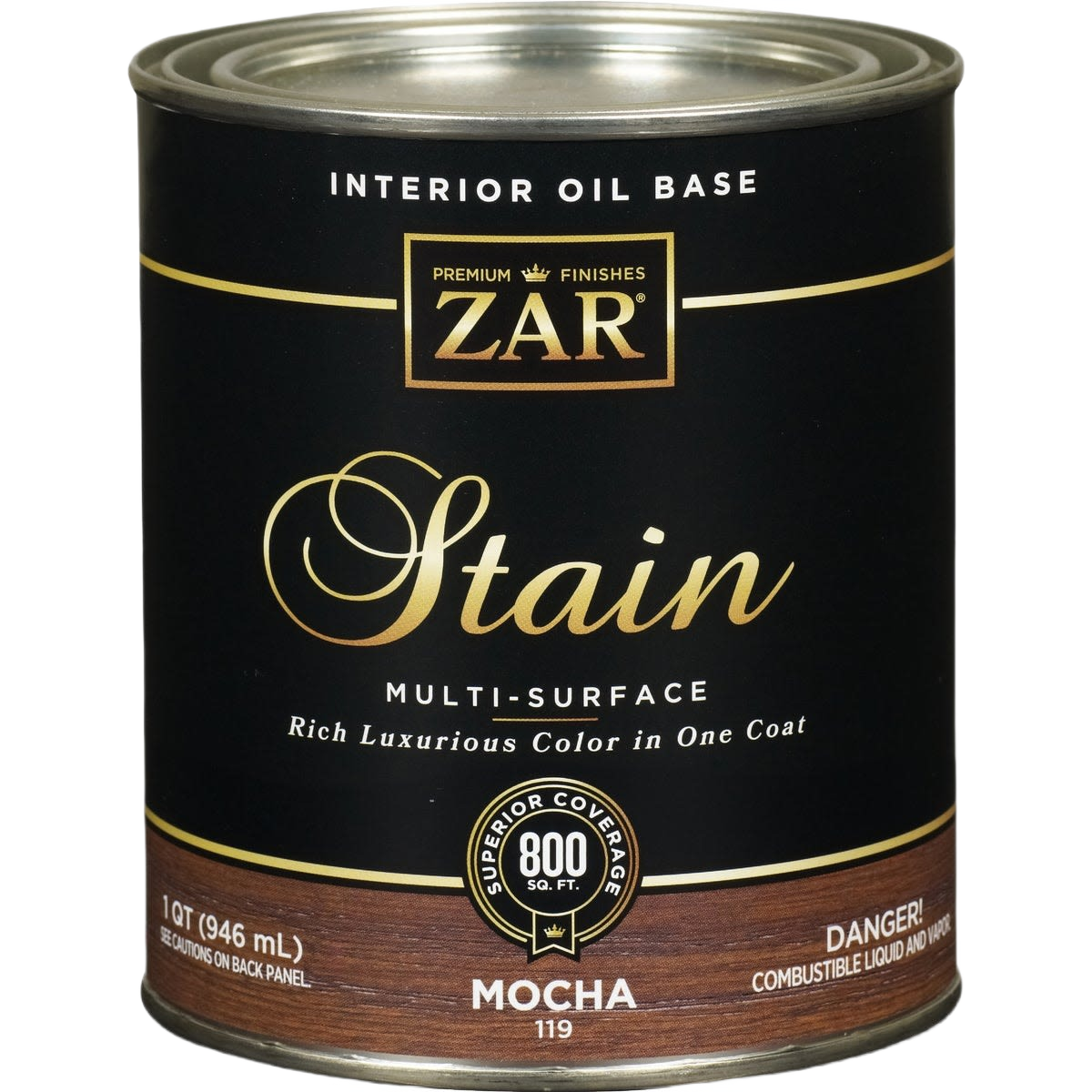Quart can of ZAR interior oil-based mocha wood stain for multi-surface use in stains and sealers collection