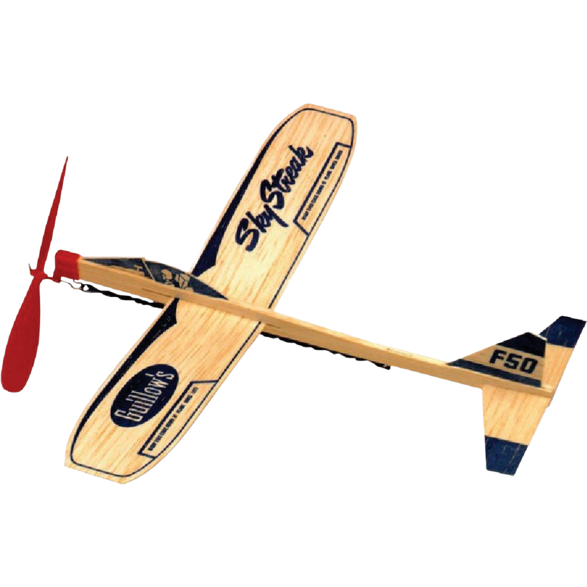 Balsa wood glider toy plane with red propeller and Sky Streak branding, part of outdoor games and toys collection